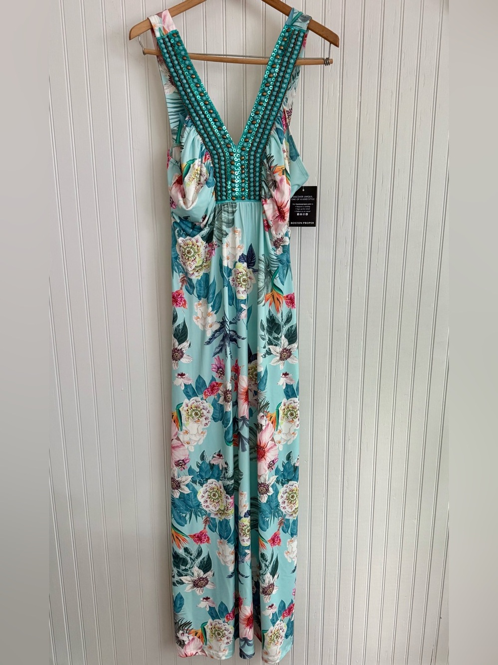 Boston Proper Barcelona Florals Print Maxi Dress Size M with Beaded V-Neck